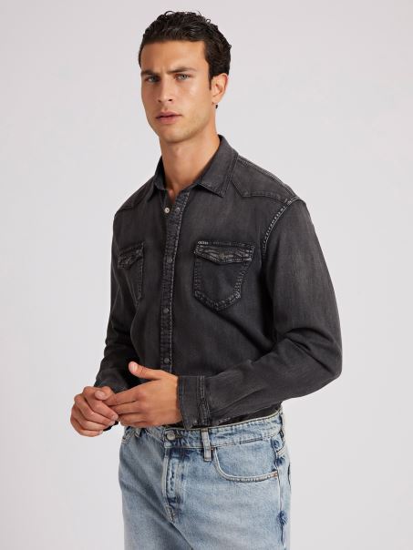 Cămașă Neagră Slim Fit Din Denim Guess