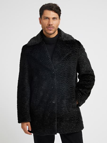 Guess Haină Neagră De Blană Artificială