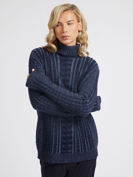 Guess Pulover Tricot Cablu Din Amestec De Lână Albastru închis