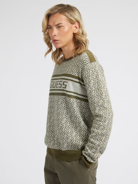 Guess All Over Logo Pulover Verde