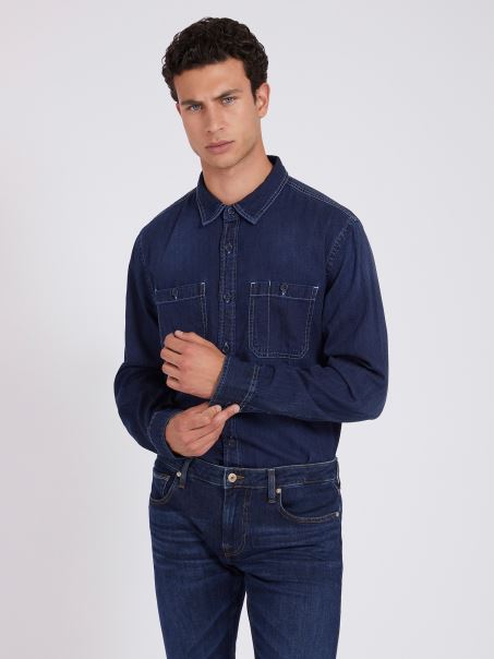 Cămașă Din Denim Albastru închis De în Amestec Guess