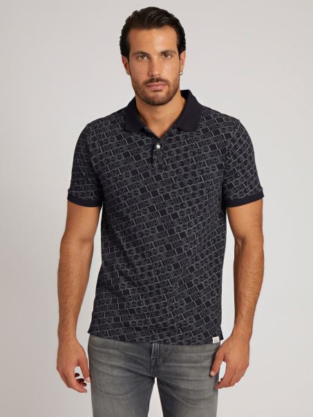 Tricou Polo Cu Logo Guess All Over Albastru