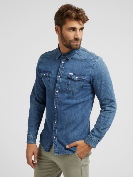 Cămașă Din Denim Slim Fit Guess Albastră