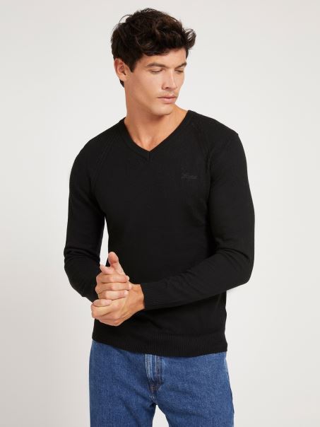 Pulover Negru Guess Cu Decolteu în V în Amestec De Viscoză
