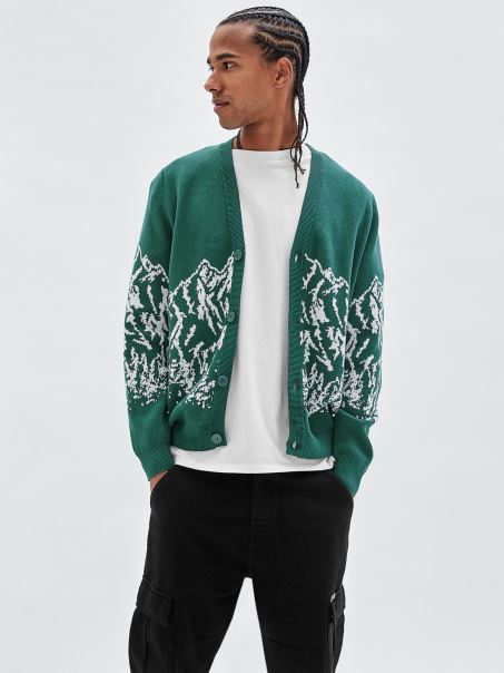Cardigan Jacquard Cu Motiv Montan Verde Guess