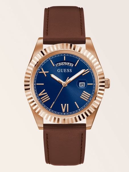 Ceas Din Piele Naturală Cu Funcția De Dată Alb Guess