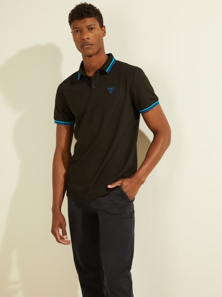 Tricou Polo Negru Cu Logo Guess Triunghi