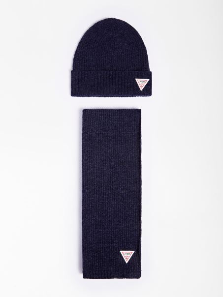 Guess Box Set Logo Eșarfă și Pălărie Albastră