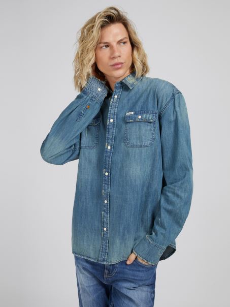 Cămașă Din Denim Guess Regular Fit Albastră