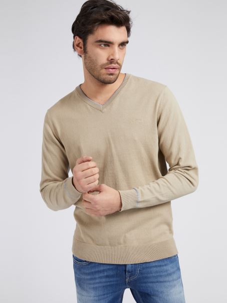 Pulover Gri Din Bumbac Elastic Cu Decolteu în V Guess