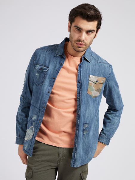 Albastru Cămașă Din Denim Slim Fit Guess Abraziuni