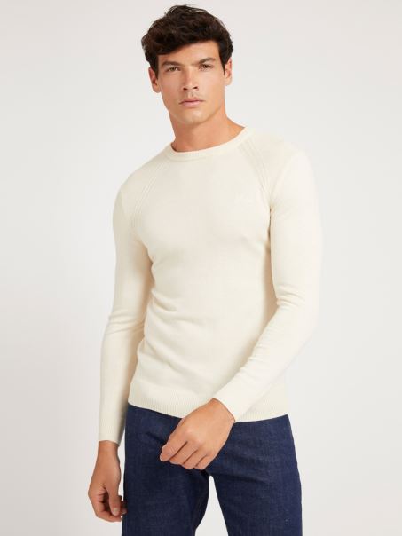 Pulover Crem Cu Decolteu în Amestec De Viscoză Guess