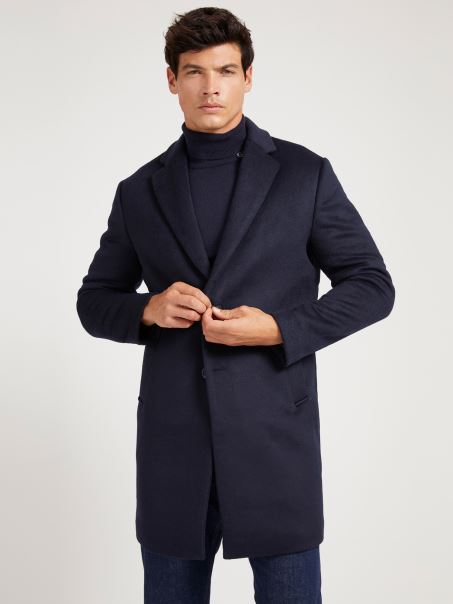 Palton Albastru Din Amestec De Lână Guess