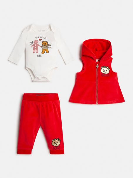 Guess Set De Pantaloni De Corp De Vestă Din Chenille Roșii