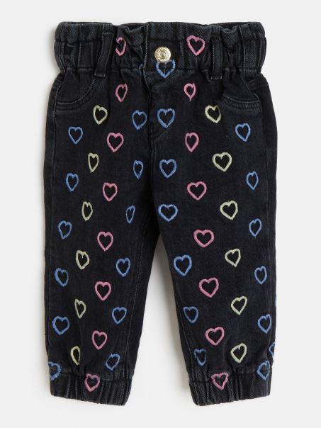 Pantaloni Negri Din Denim Cu Broderie Inimă Guess