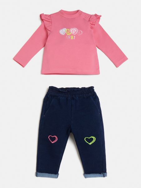 Set Tricou și Pantaloni Din Denim Roz Guess