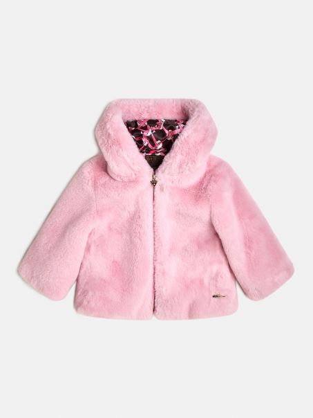 Geacă De Blană Artificială Cu Glugă Roz Guess
