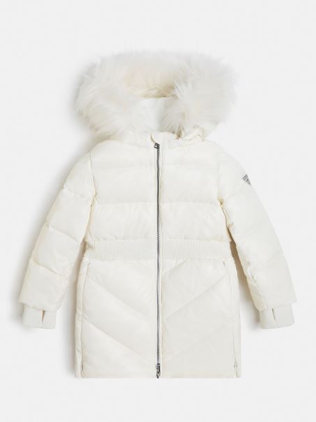 Puf Alb Cu Glugă Lungă De Blană Artificială Ghici