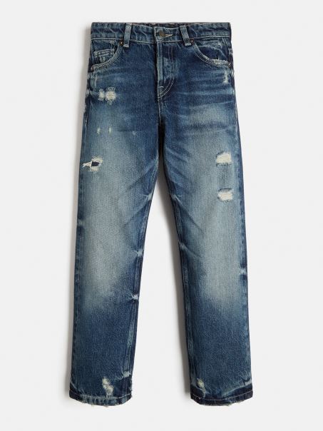 Pantaloni Din Denim Distrus Cu Potrivire Supradimensionata Albastru Guess
