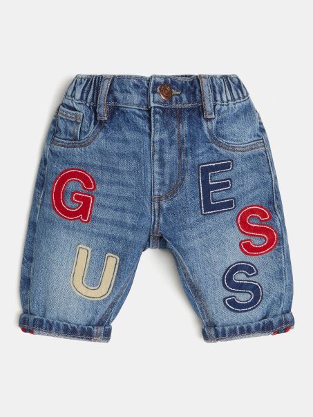 Pantaloni Din Denim Brodat Guess Albastru