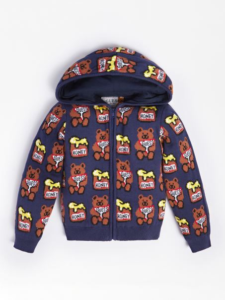 Pulover Jacquard Cu Logo Multiplu Guess Albastru