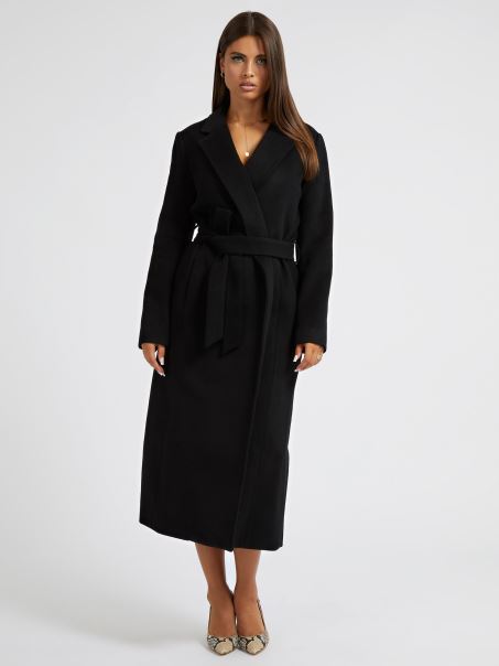 Palton Cu Curea Amestec De Lana Neagra Guess