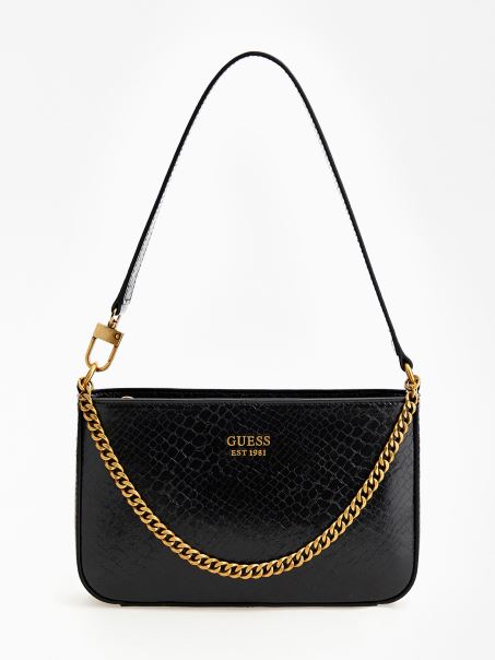 Geantă Neagră De Umăr Guess Katey Cu Imprimeu Piton