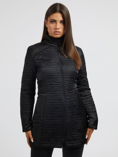 Jachetă Lungă Cu Logo Brodat Negru Guess