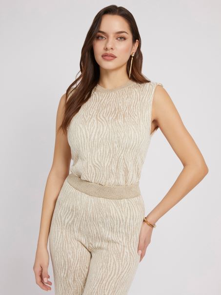 Pulover Crem Cu Efect Animalier Top Guess
