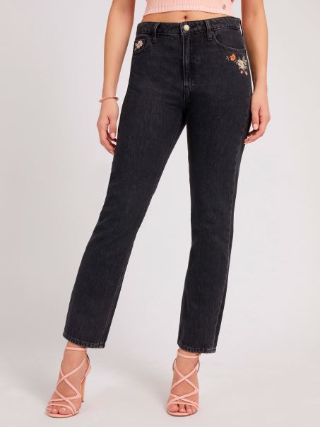 Pantalon Din Denim Drept Brodat Negru Guess