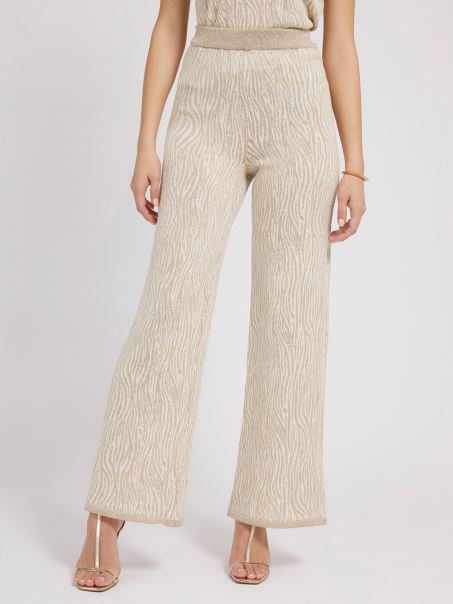 Pantalon Pulover Guess Crem Cu Efect Animalier