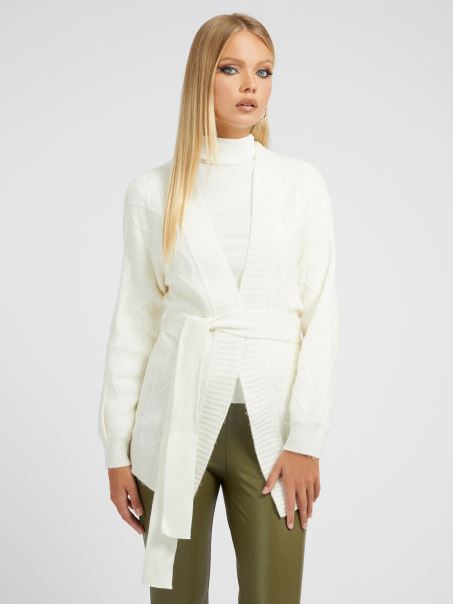 Cardigan Alb Din Amestec De Lână Tricot Cablu Guess