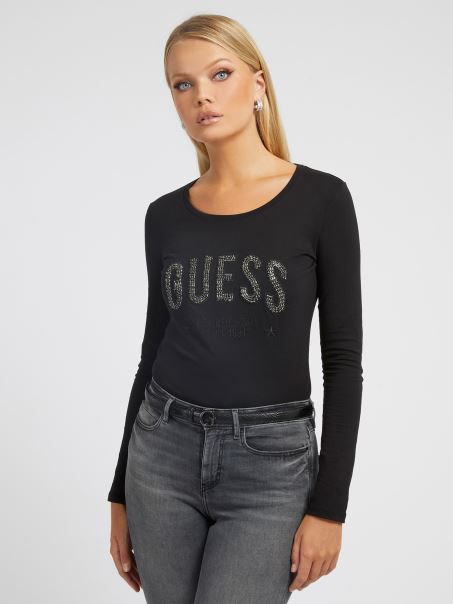 Tricou Logo Cu Strasuri Guess Negru