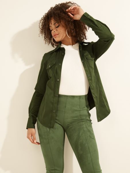 Cămașă Verde Din Piele De Căprioară Artificială Guess