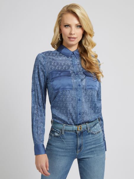 Cămașă Cu Imprimeu Guess G Cube Albastru Deschis