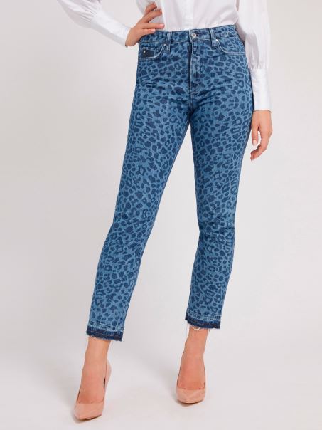 Pantalon Albastru Din Denim Cu Imprimeu Animalier Guess