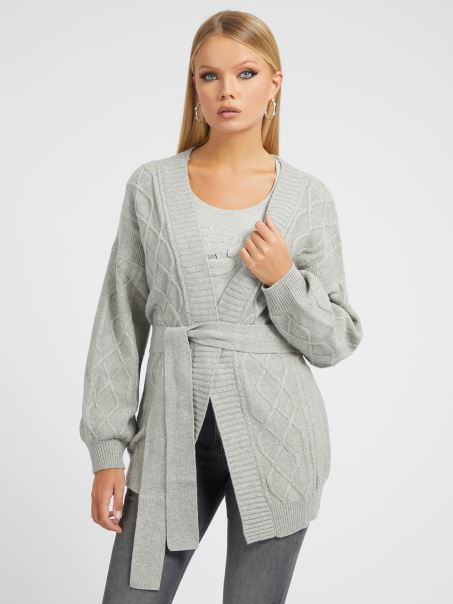 Cardigan Gri Din Amestec De Lână Tricot Cu Mai Multe Cabluri Guess