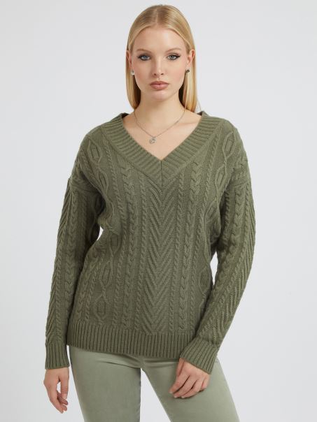 Guess Pulover Din Amestec De Lână Tricot Cablu Verde
