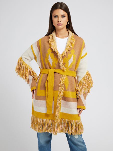 Cardigan Cu Motiv Jacquard Geometric Multi Galben Guess