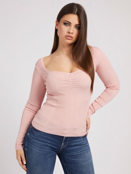 Guess Pulover Roz Cu Gâtul Iubit