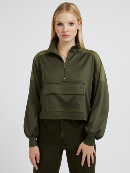 Hanorac Din Satin Cu Buzunar Frontal Guess Green