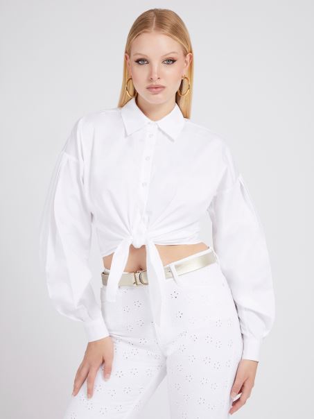 Cămașă Cu Fundă Din Bumbac Alb Guess