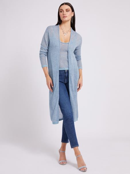 Guess Lurex Yarn Cardigan Lung Albastru Deschis