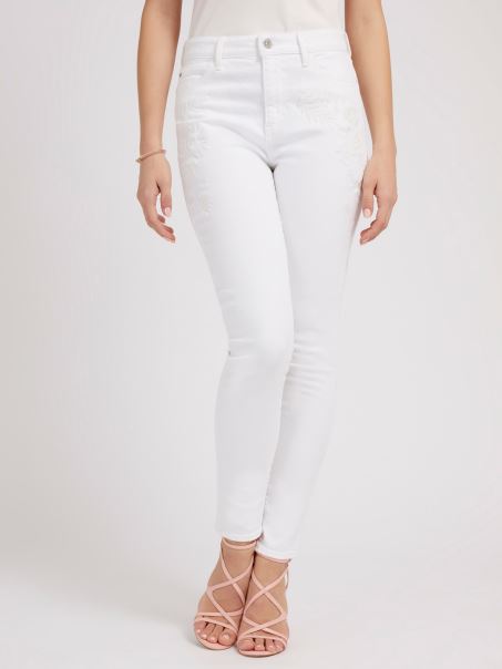 Pantaloni Denim Skinny Guess Alb Brodat