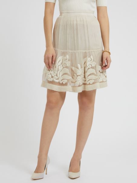 Fusta De Matase Brodata Alb Guess