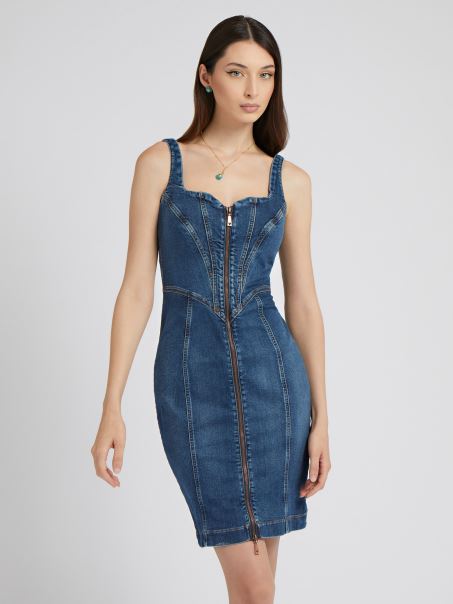 Rochie Din Denim Cu Fermoar In Fata Albastra Guess