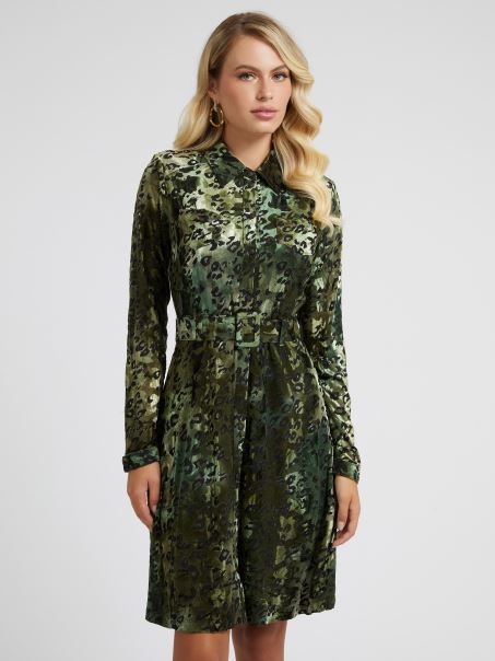 Rochie Cu Imprimeu Animalier Guess Din Catifea Verde