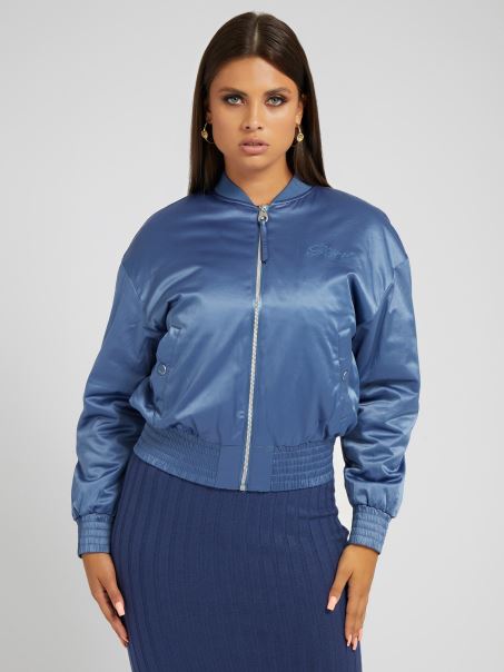 Jachetă Bomber Din Satin Albastru Deschis Guess