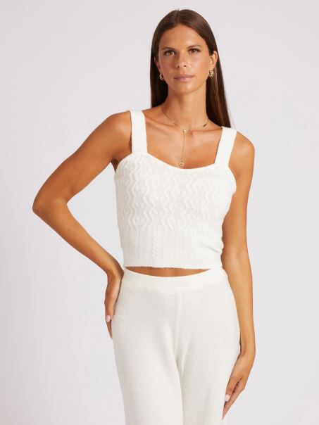 Top Pulover Guess Tricot Cablu Din Amestec De Cașmir Alb