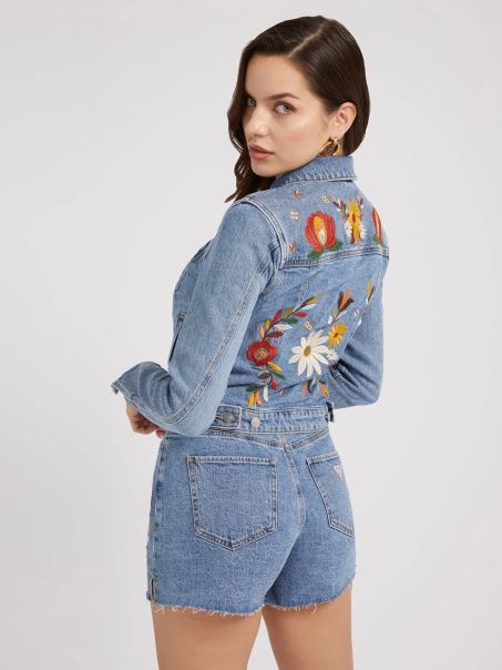 Geacă Albastră Din Denim Brodat Guess